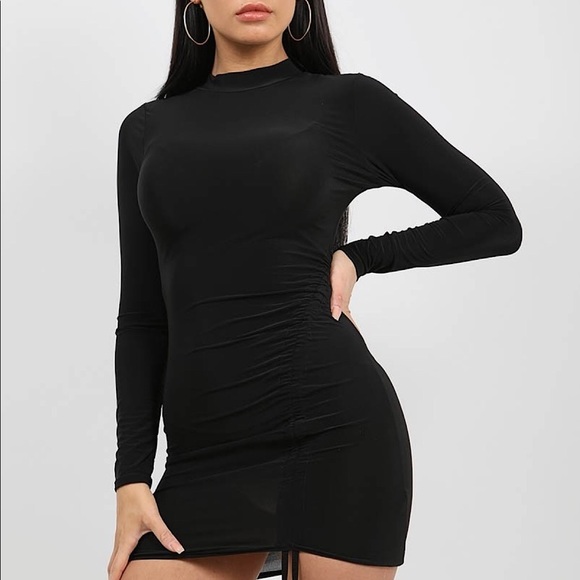 Black Ruched Drawstring Dress - Picture 2 of 5